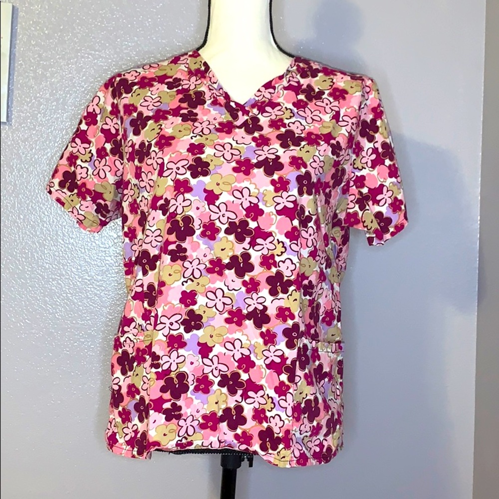 All Heart pink floral medical dental scrub top